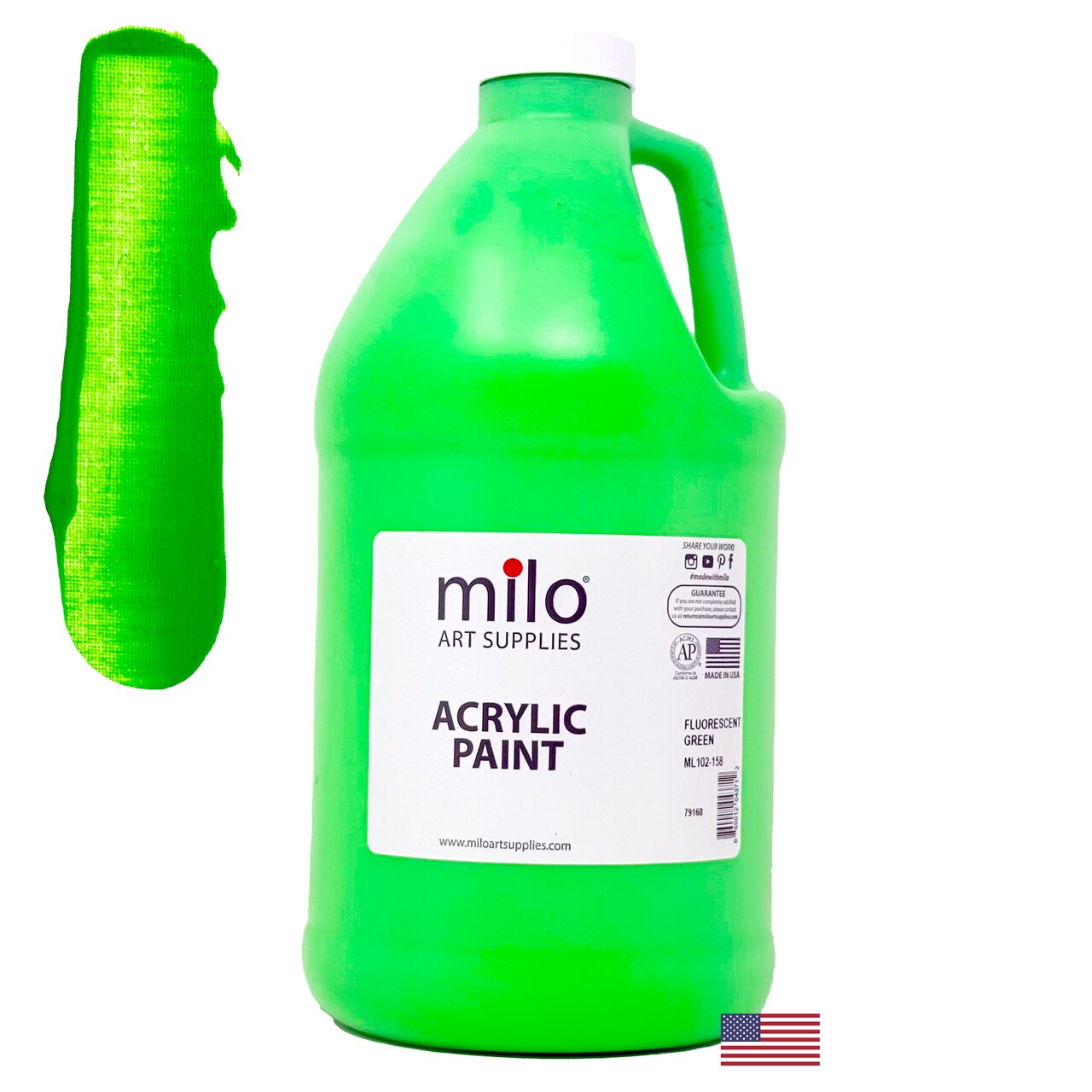 milo Fluorescent Green Neon Acrylic Paint | 64 oz Bottle Half Gallon | Glows UV in Black Light | Non-Toxic Made in USA | Bulk Art Paint for Party, Student, Classroom, Artist